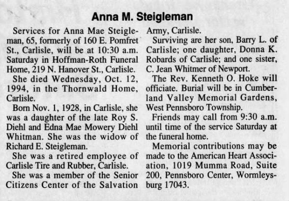 Obituary for Anna Mae Steigleman, 1928-1994 (Aged 65)